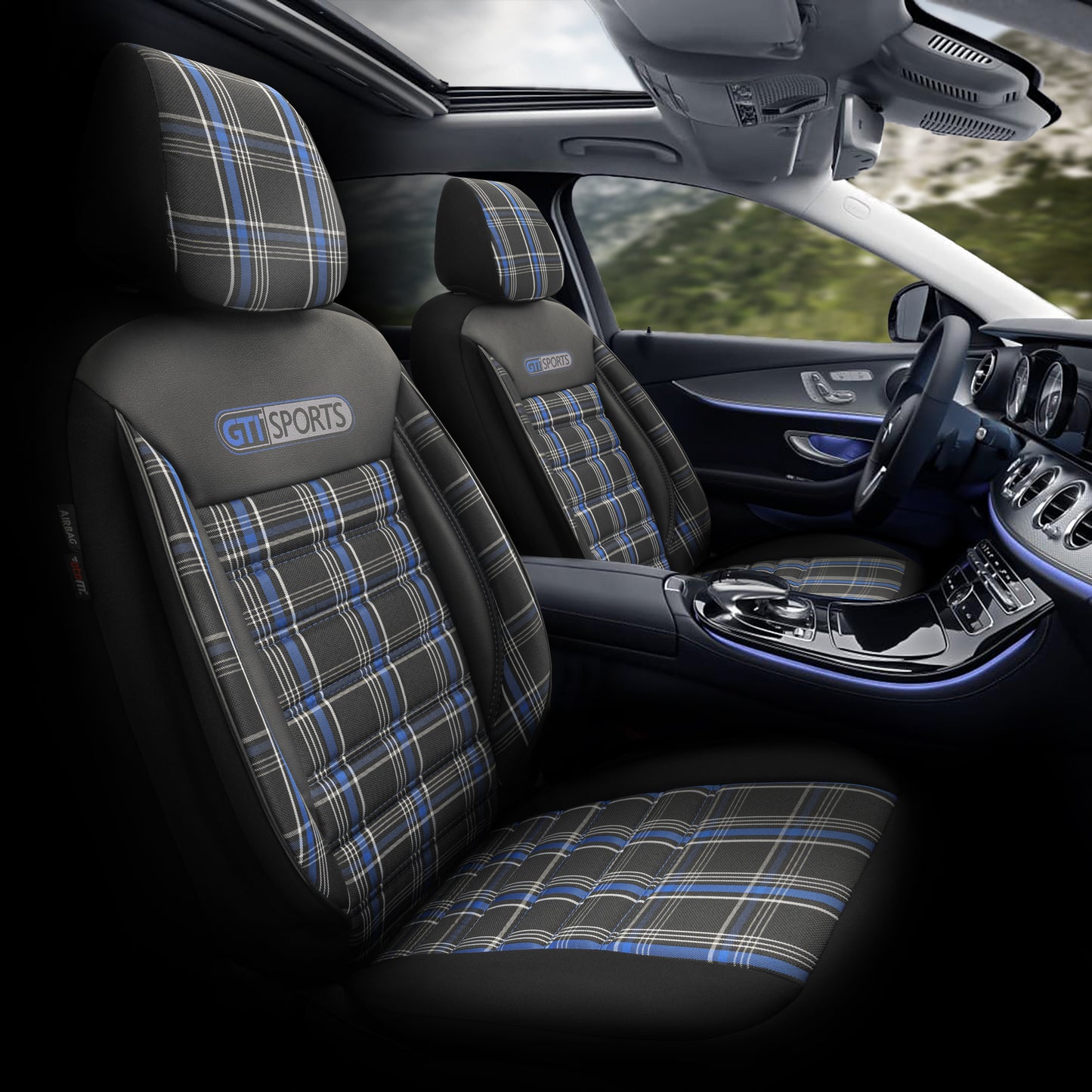 Sada potahů GTI Sports – Černá/Modrá, Textil, pro Přední a Zadní Sedačky