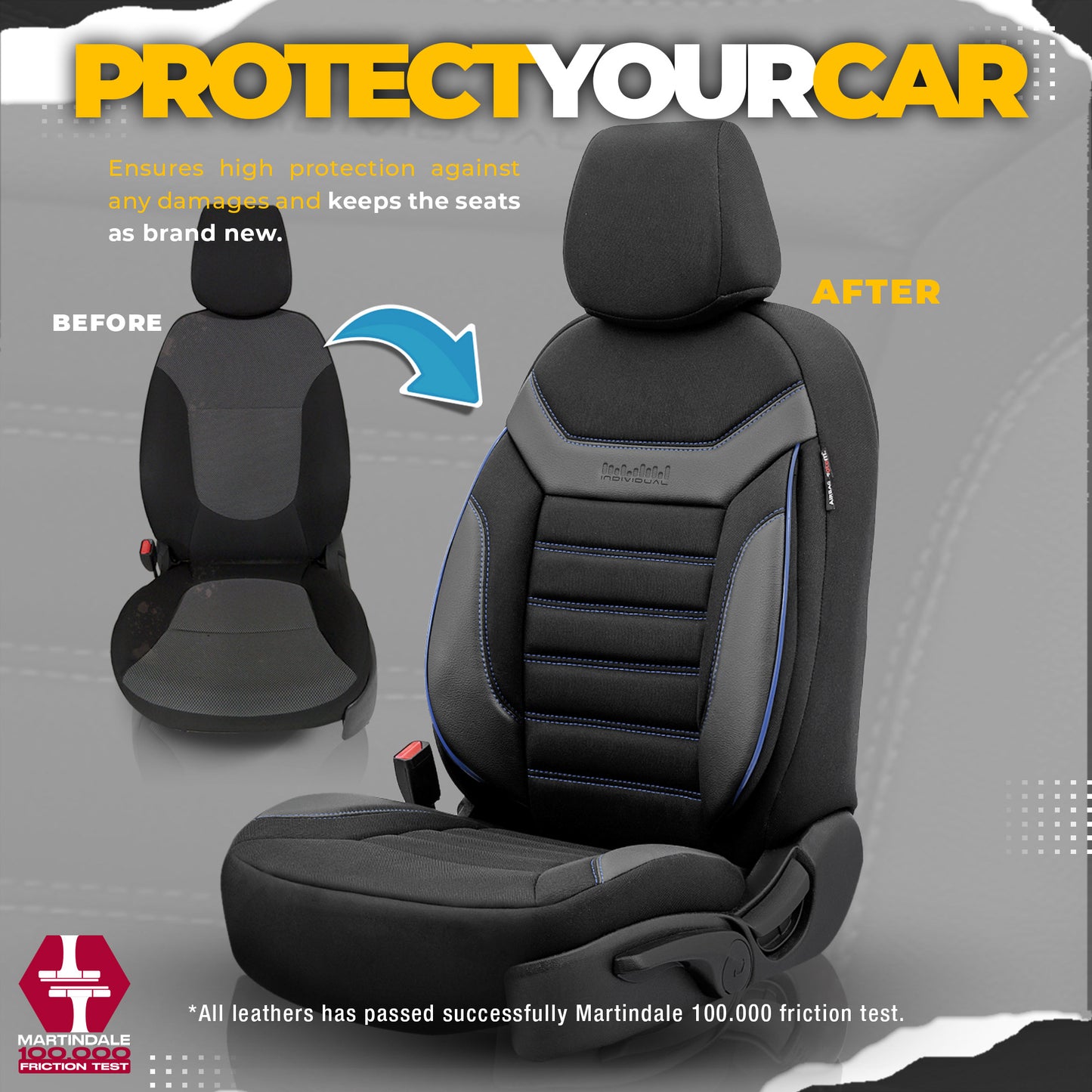 Sada čalounění Individual – Černá s modrým prošitím, Textil, pro přední a zadní sedadla