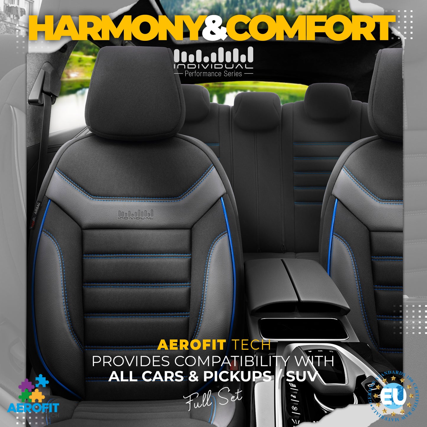 Sada čalounění Individual – Černá s modrým prošitím, Textil, pro přední a zadní sedadla