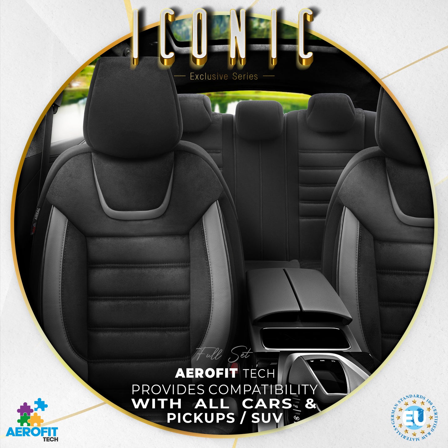 Sada potahů Iconic – Černá/Šedá, Textil, pro přední a zadní sedadla