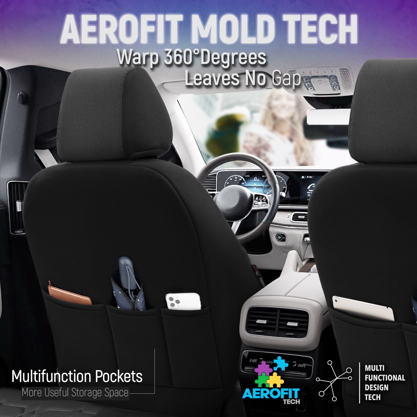 Sada čalounění Elegance – Černá s bílým prošitím, textil, pro přední a zadní sedadla