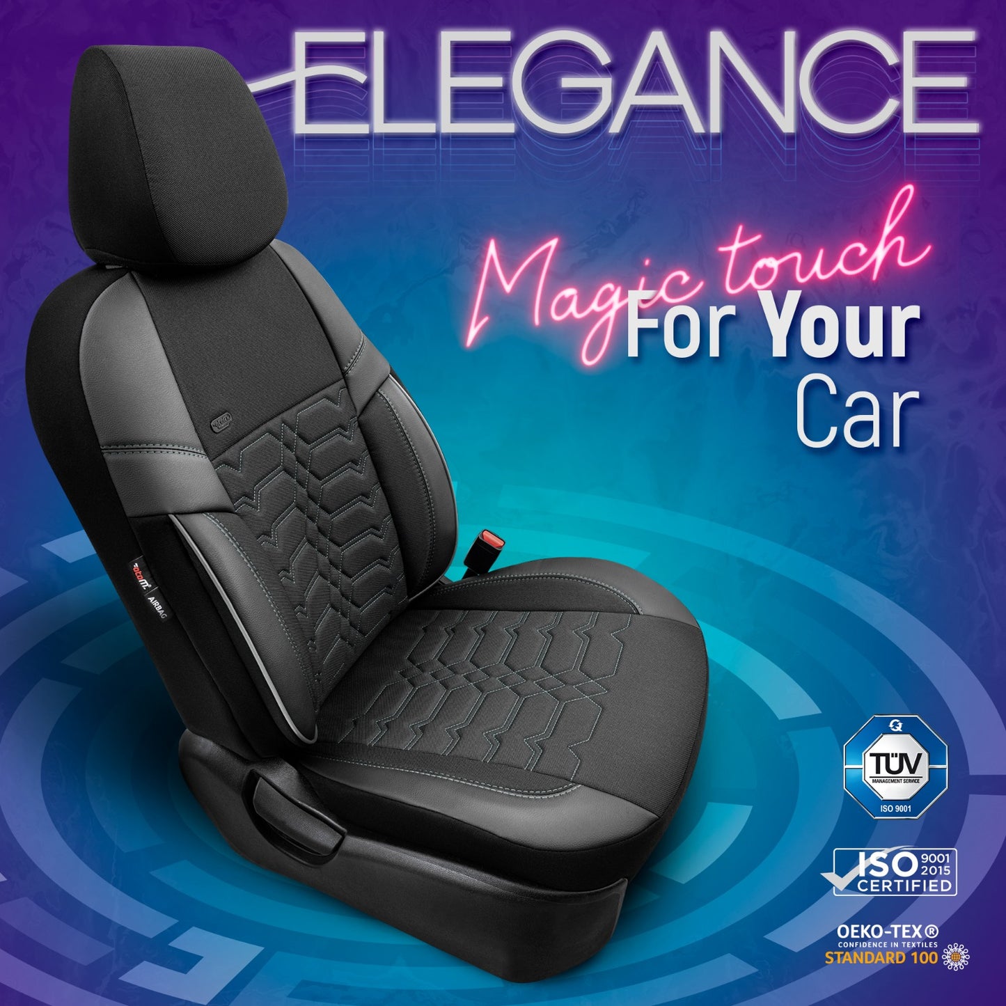 Sada čalounění Elegance – Černá s bílým prošitím, textil, pro přední a zadní sedadla