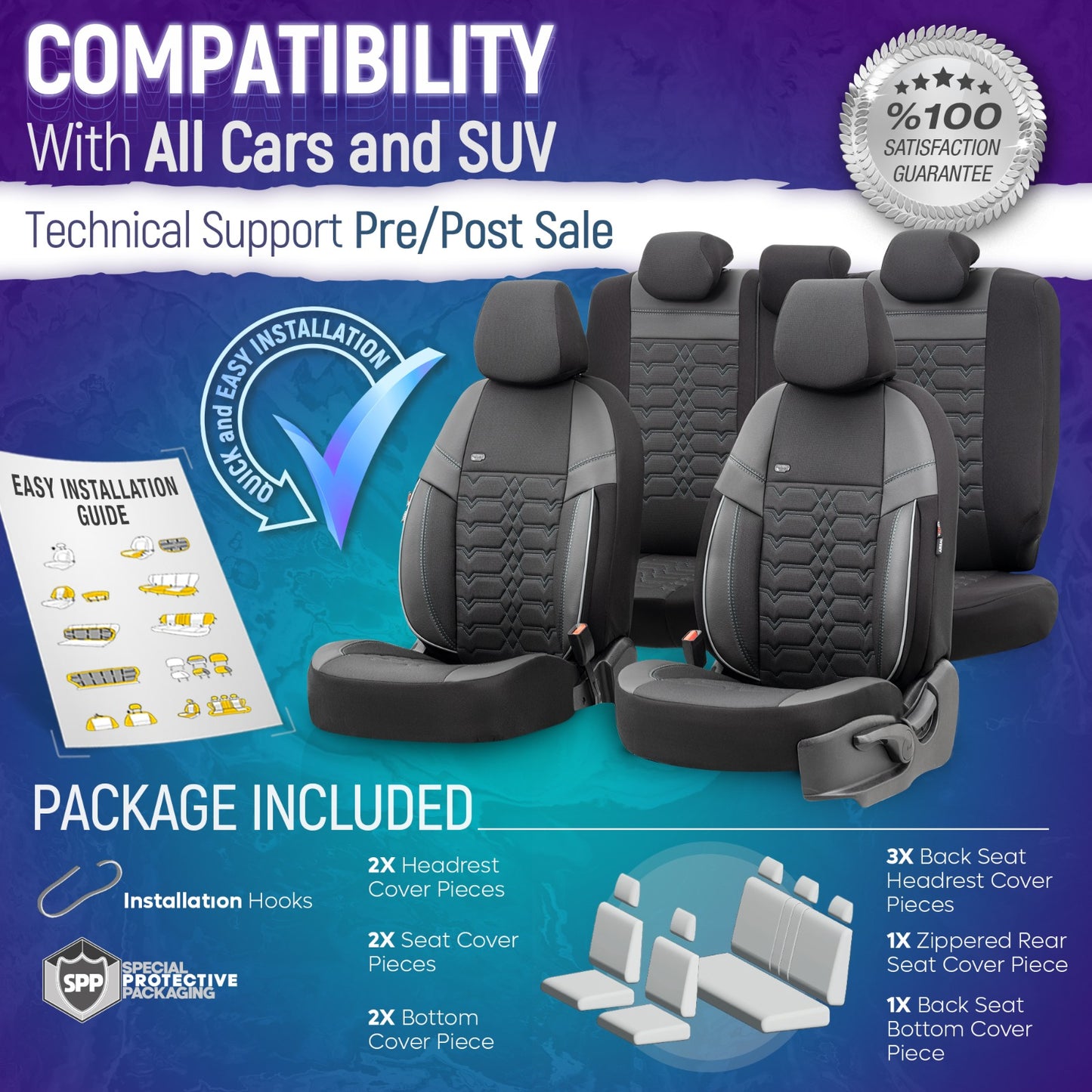 Sada čalounění Elegance – Černá s bílým prošitím, textil, pro přední a zadní sedadla