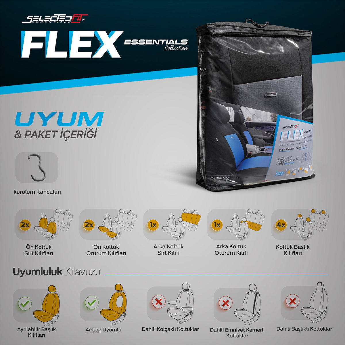 Sada potahů Selectedfit Flex 102 – černo-šedá, pro přední a zadní sedadla