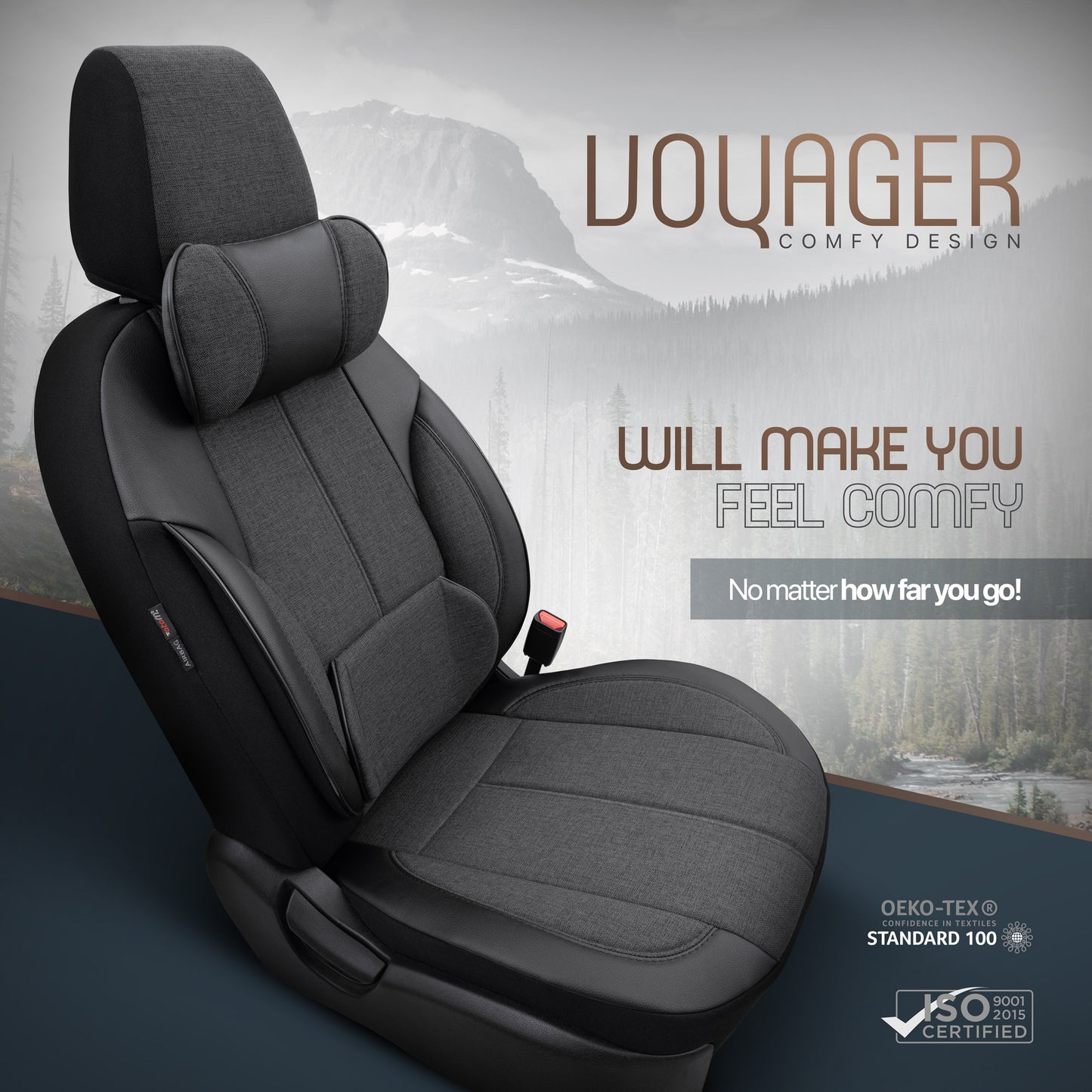 Sada Ergonomické Čalounění Voyager – Černá, Textil, pro Přední a Zadní Sedačky