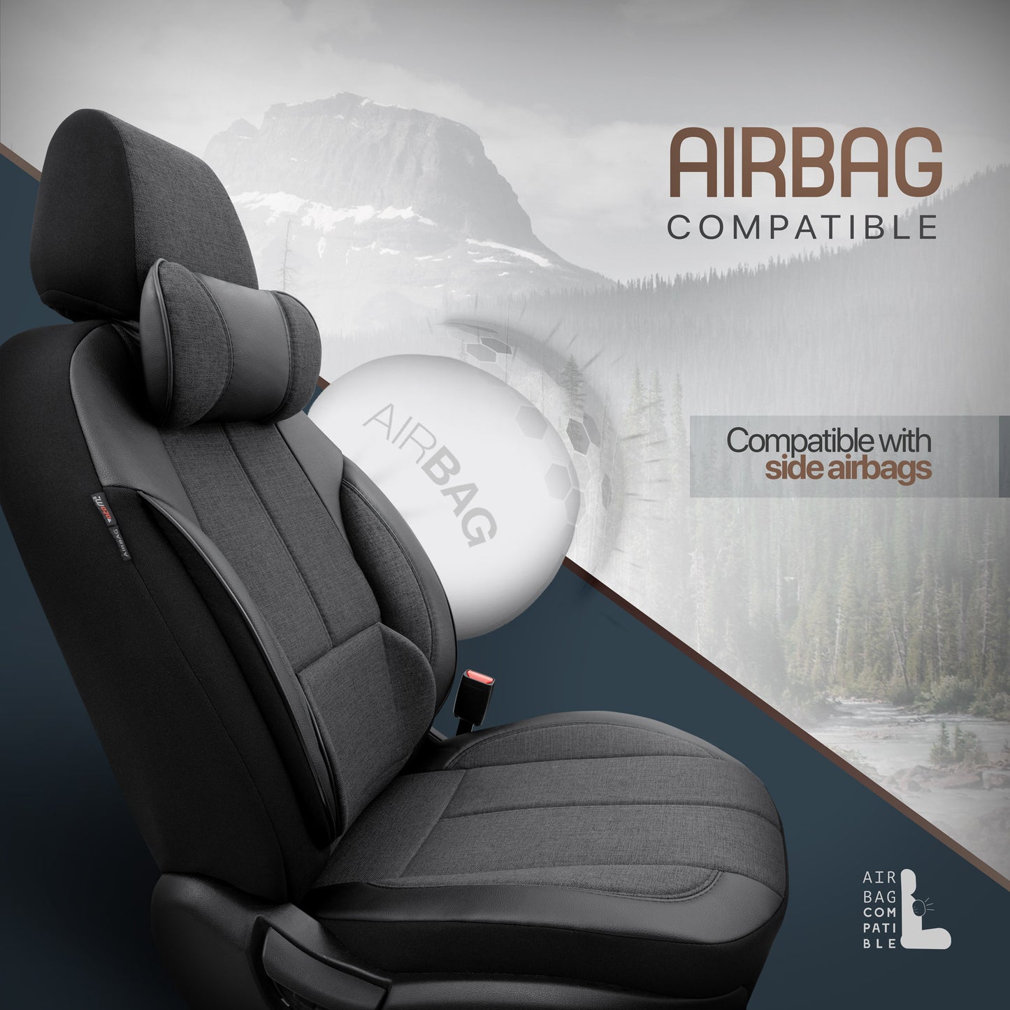 Sada Ergonomické Čalounění Voyager – Černá, Textil, pro Přední a Zadní Sedačky