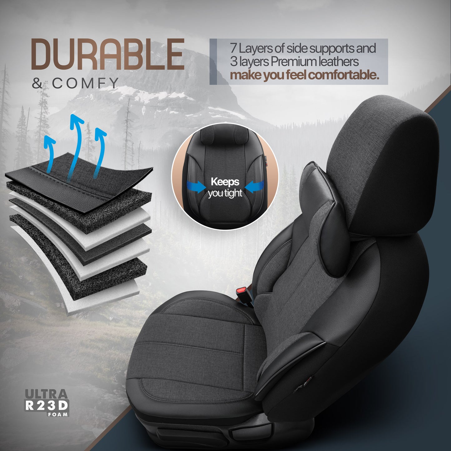 Sada Ergonomické Čalounění Voyager – Černá, Textil, pro Přední a Zadní Sedačky