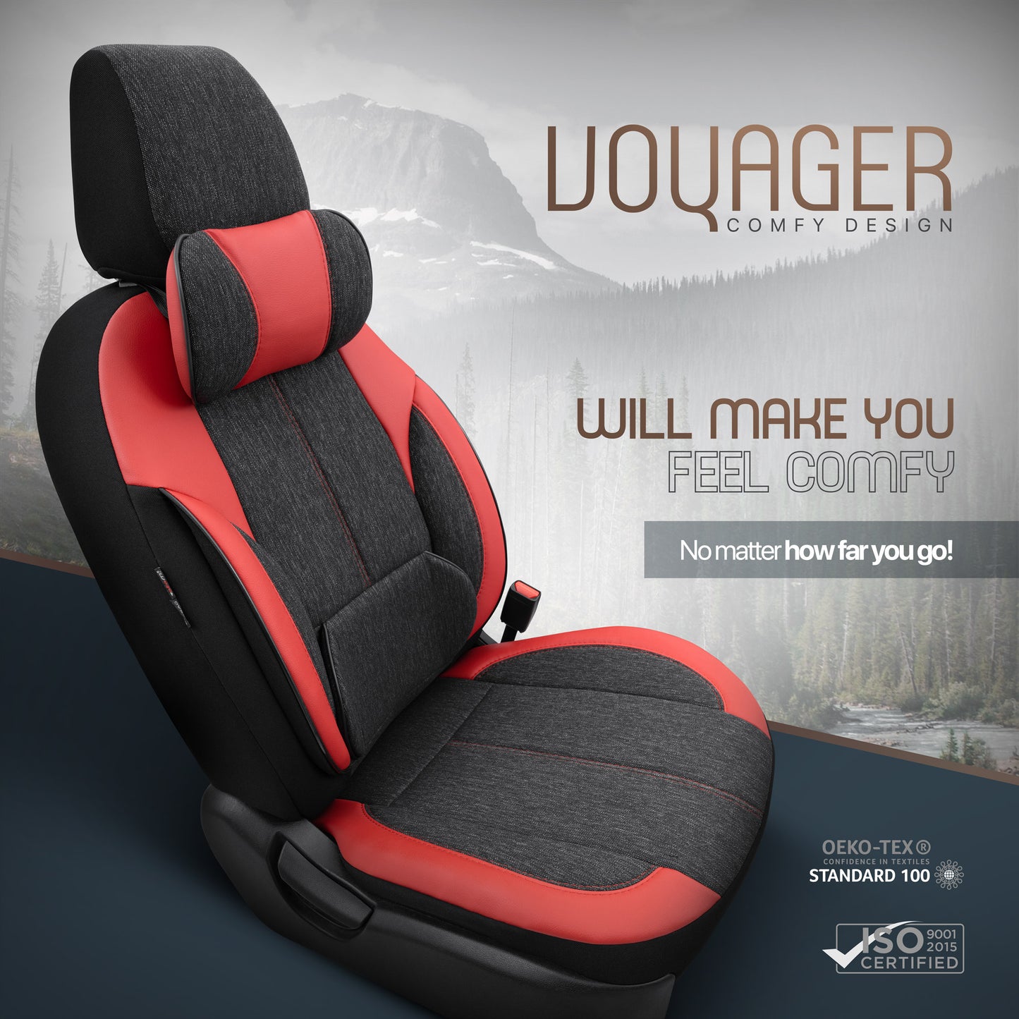 Sada ergonomických potahů Voyager – černá/červená, textil, pro přední a zadní sedadla
