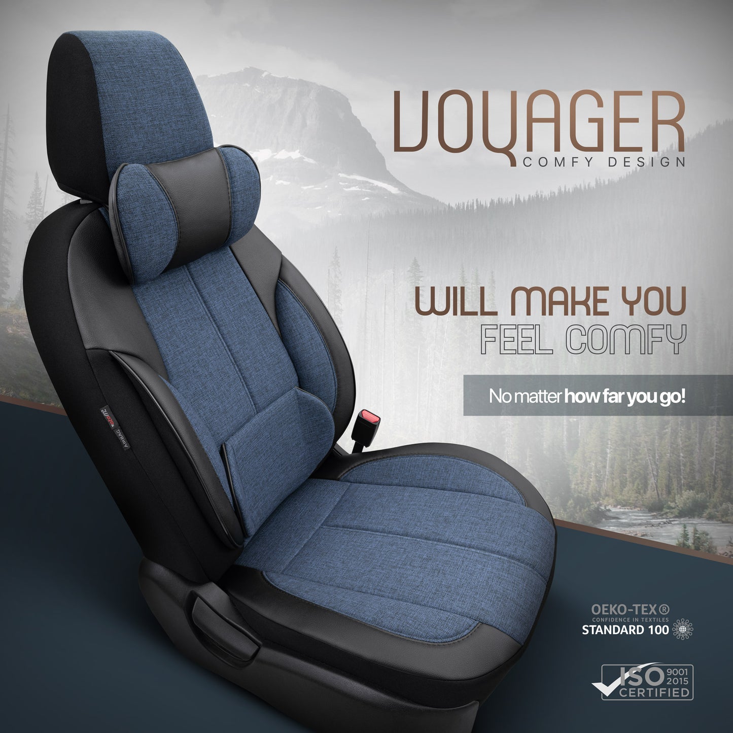 Sada ergonomického čalounění Voyager – černá/modrá, textil, pro přední a zadní sedadla