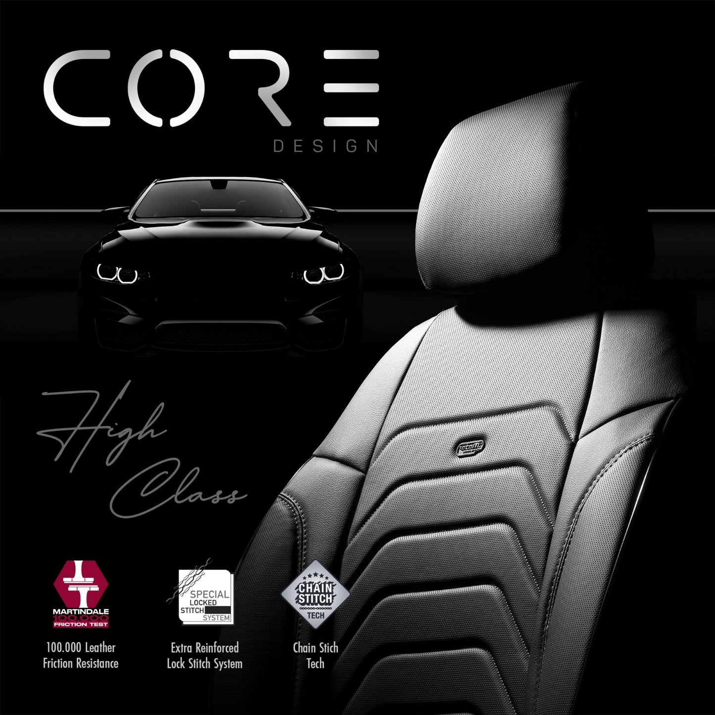 Sada luxusního čalounění Core – děrovaná eko kůže, černá, pro přední a zadní sedadla