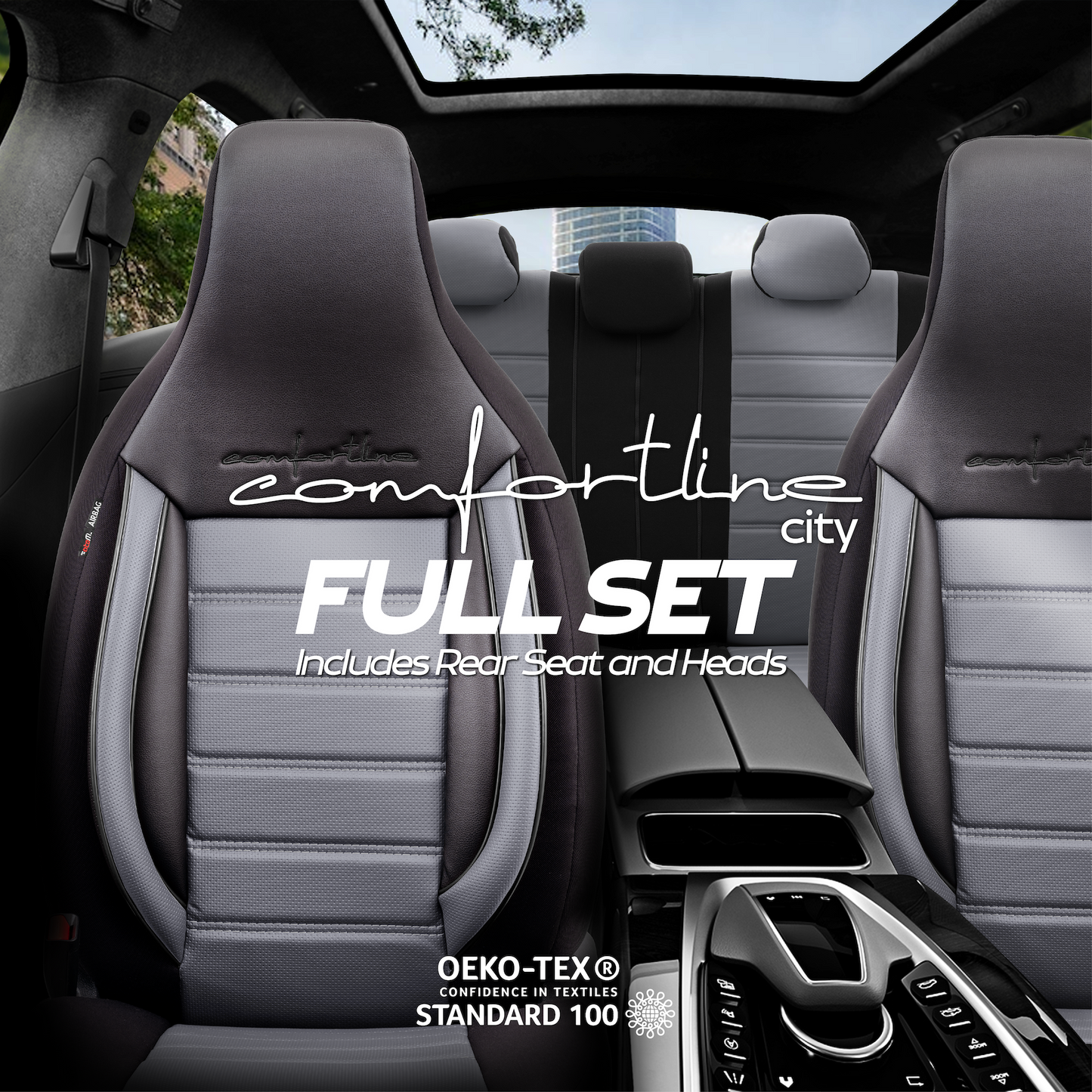 Sada Čalounění Comfortline City – Černá/Šedá, s Eko kůží, pro Přední a Zadní Sedačky (Pro malé městské vozy)