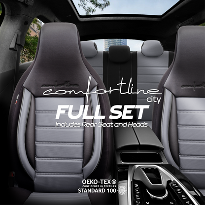 Sada Čalounění Comfortline City – Černá/Šedá, s Eko kůží, pro Přední a Zadní Sedačky (Pro malé městské vozy)