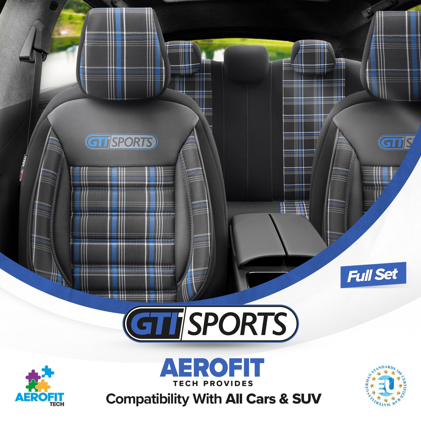 Sada potahů GTI Sports – Černá/Modrá, Textil, pro Přední a Zadní Sedačky