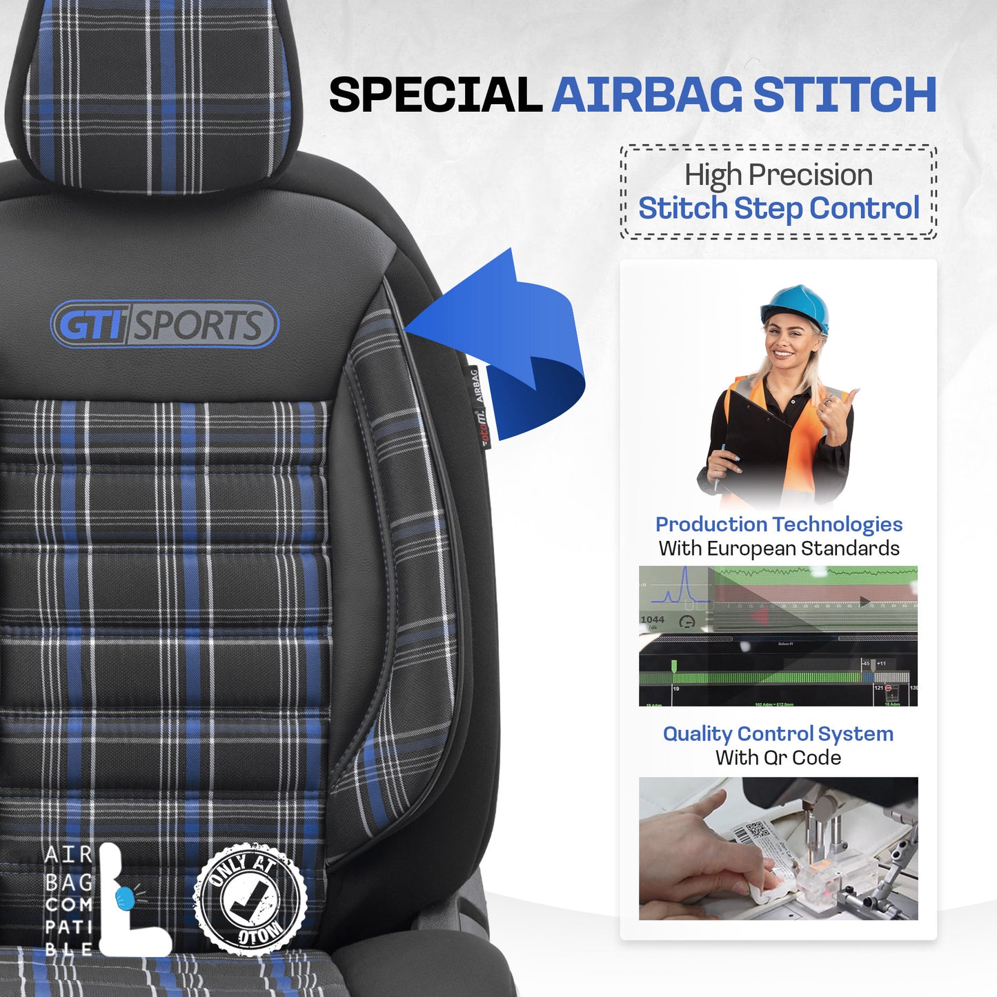 Sada potahů GTI Sports – Černá/Modrá, Textil, pro Přední a Zadní Sedačky