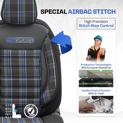 Sada potahů GTI Sports – Černá/Modrá, Textil, pro Přední a Zadní Sedačky
