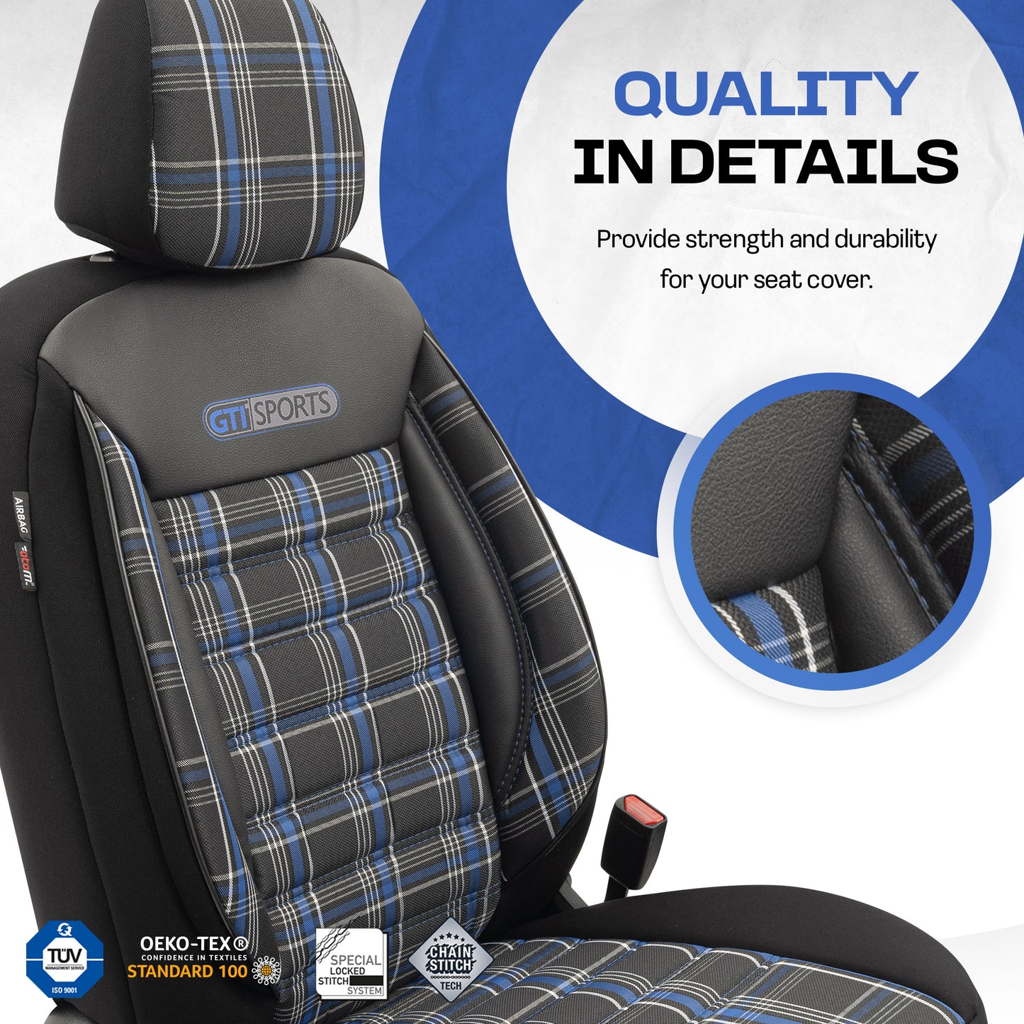 Sada potahů GTI Sports – Černá/Modrá, Textil, pro Přední a Zadní Sedačky