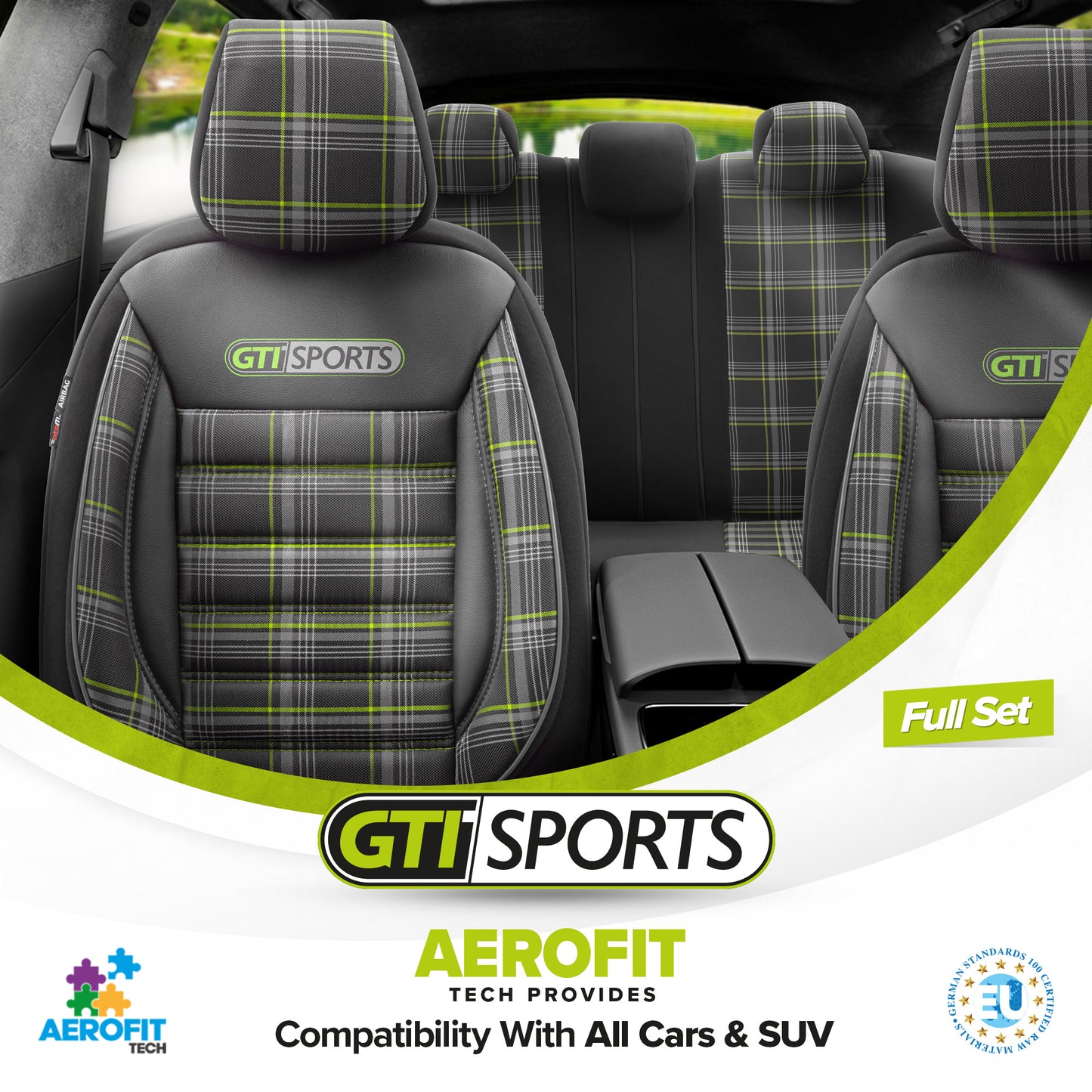 Sada potahů GTI Sports – černá/zelená, textil, pro přední a zadní sedadla