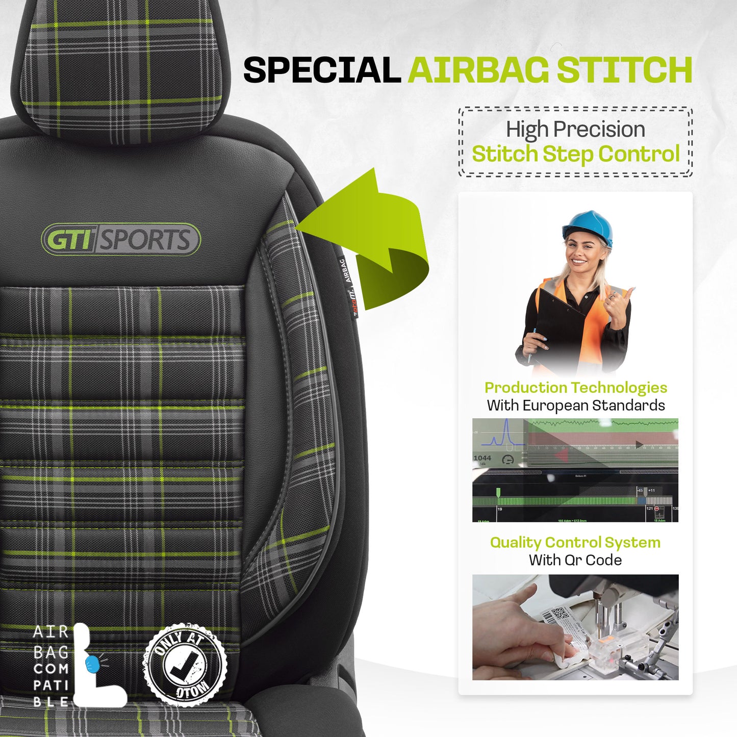 Sada potahů GTI Sports – černá/zelená, textil, pro přední a zadní sedadla