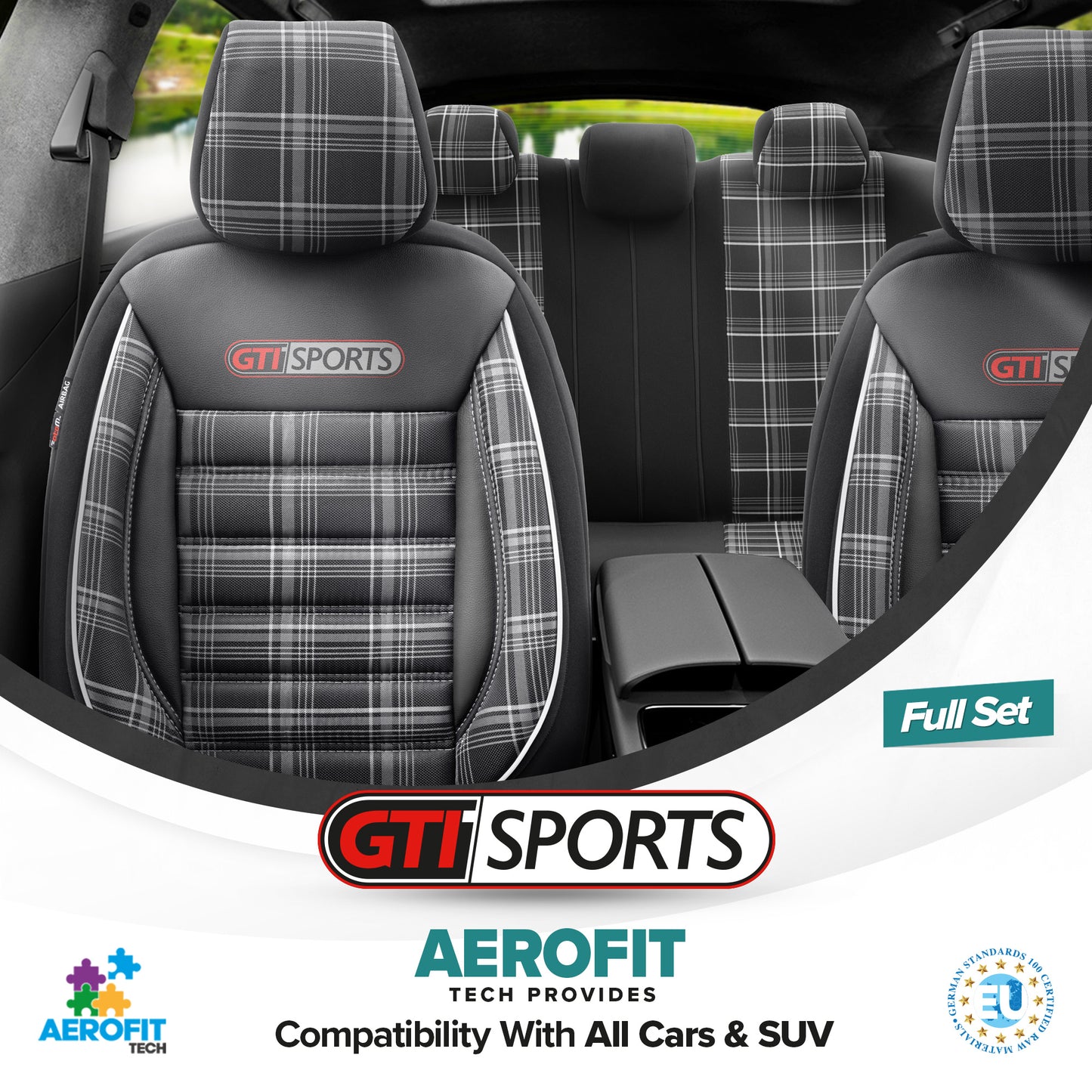 Sada potahů GTI Sports – Černá/Bílá, Textil, pro Přední a Zadní Sedačky