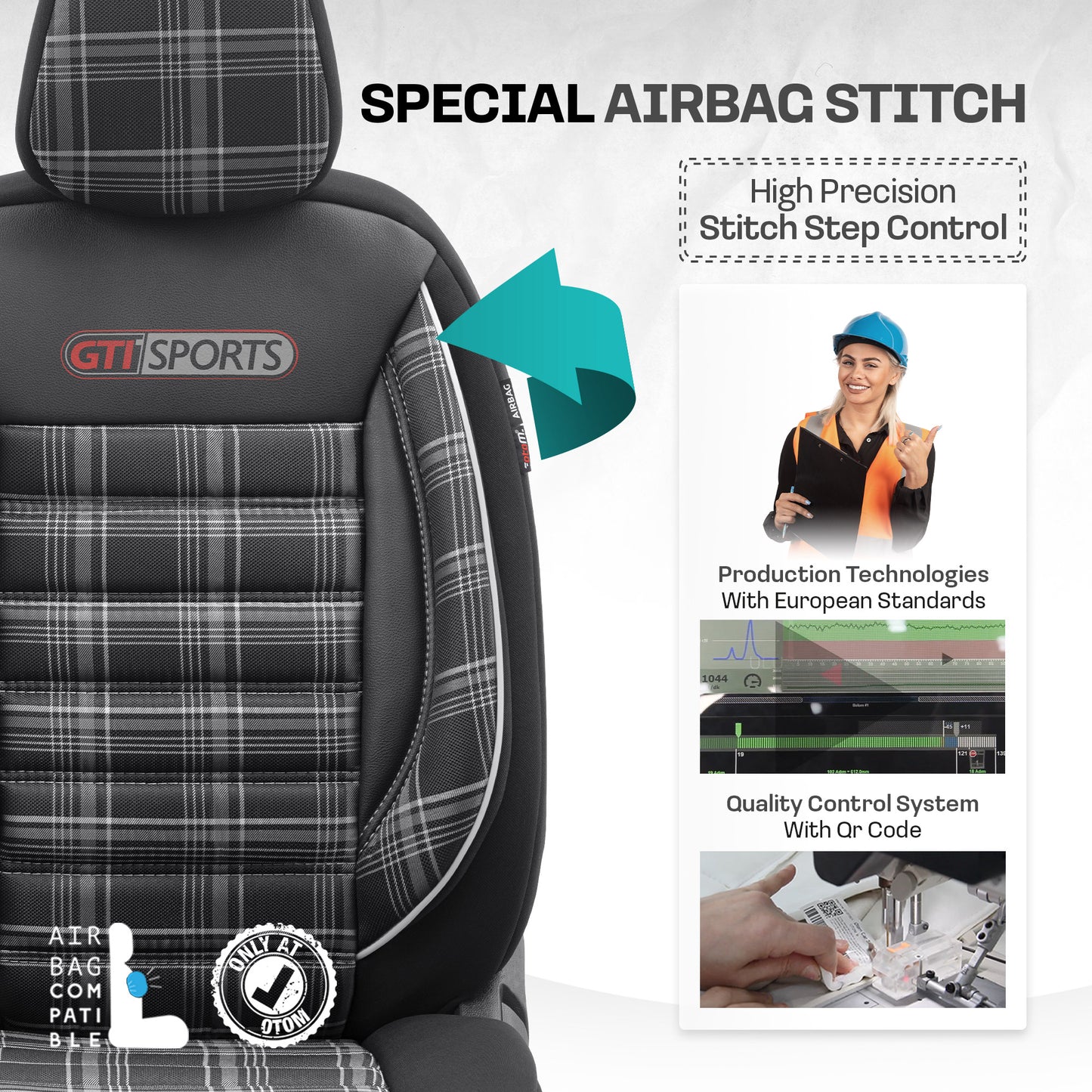 Sada potahů GTI Sports – Černá/Bílá, Textil, pro Přední a Zadní Sedačky