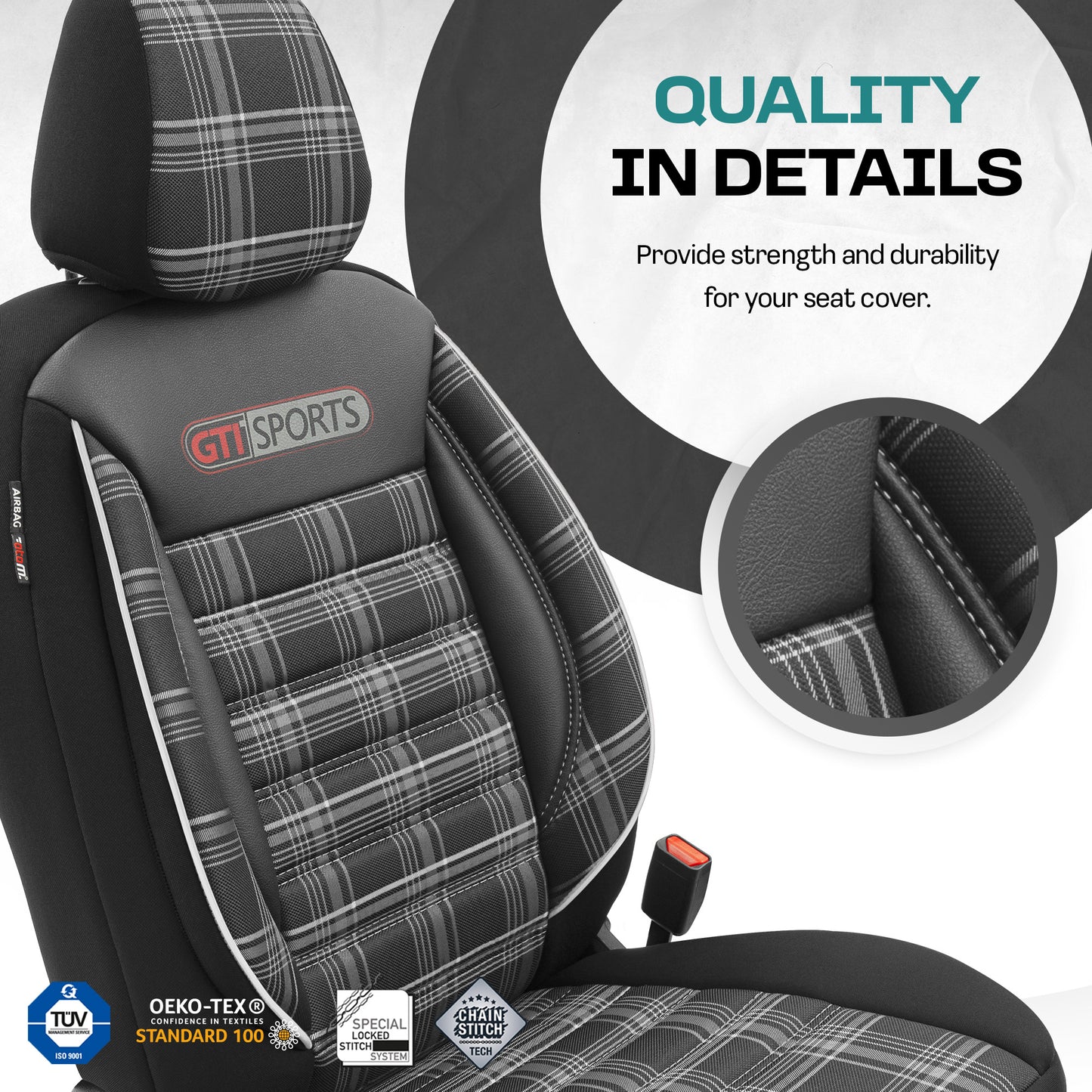 Sada potahů GTI Sports – Černá/Bílá, Textil, pro Přední a Zadní Sedačky